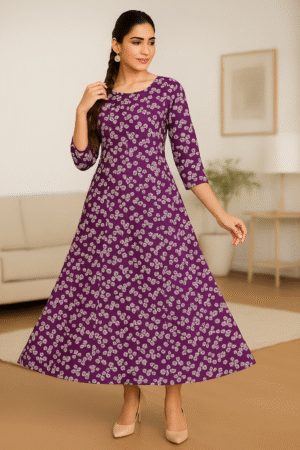 🌸 Elegant Floral Printed Cotton A-Line Kurti – 4 Color Variants 🌼