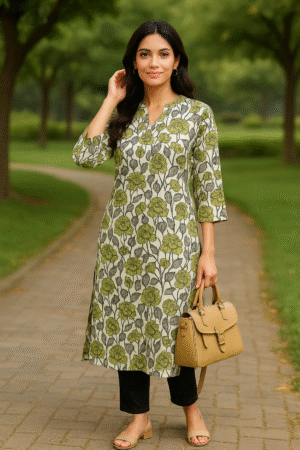 Elegant Green Floral Print Pure Cotton Straight Kurti for Women