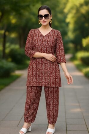 Trendy Maroon Printed Cotton Co-Ord Set for Women – Top & Bottom Combo