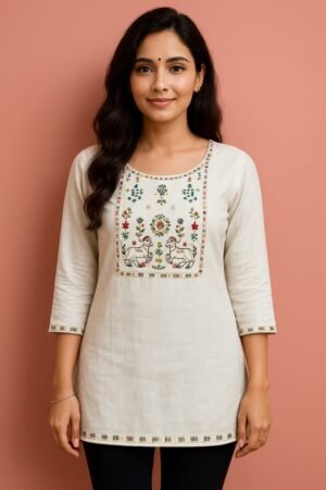 Women's Off-White Pure Khadi Cotton Ethnic Top with Handcrafted Embroidery