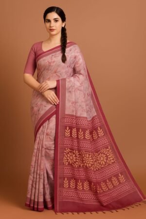 Printed Maroon & Pink Saree with Traditional Motif Pallu