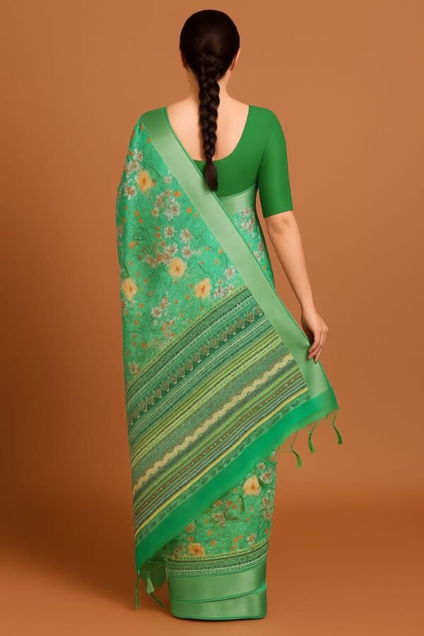 Elegant Green Floral Printed Pure Cotton Saree with Matching Blouse - Image 2