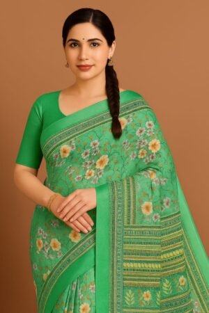 Elegant Green Floral Printed Pure Cotton Saree with Matching Blouse