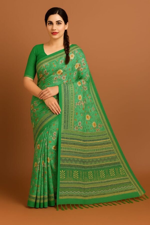 Elegant Green Floral Printed Pure Cotton Saree with Matching Blouse - Image 3