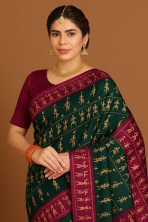 Elegant Green & Maroon Cotton Saree with Tribal Warli Art Print