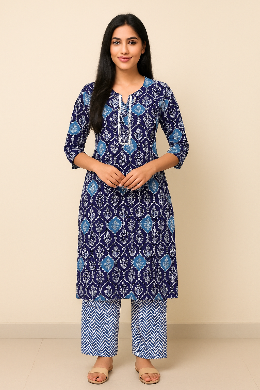 Blue Printed Cotton Kurti with White Palazzo