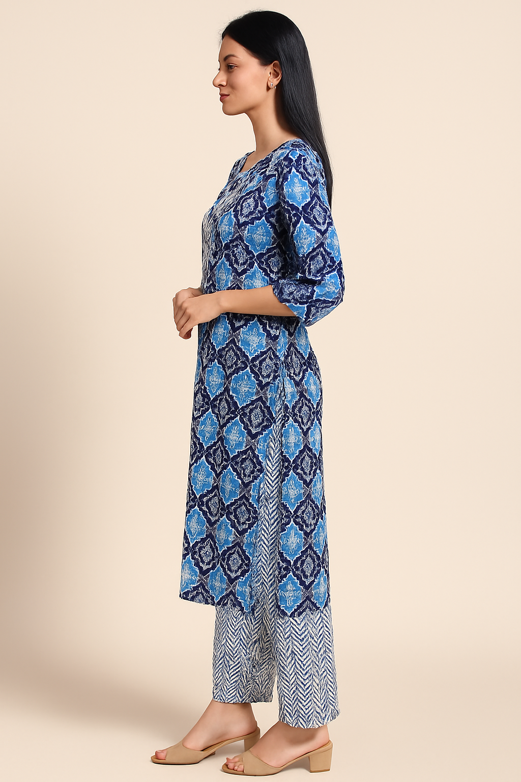 Blue Printed Cotton Kurti with White Palazzo - Image 2