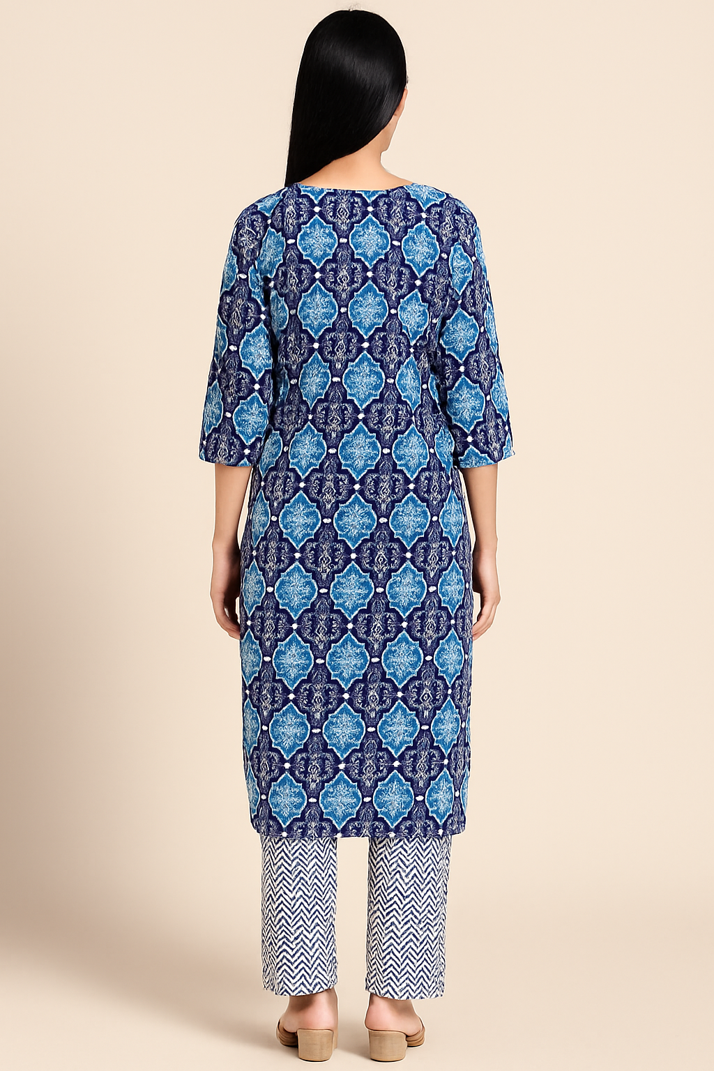 Blue Printed Cotton Kurti with White Palazzo - Image 3