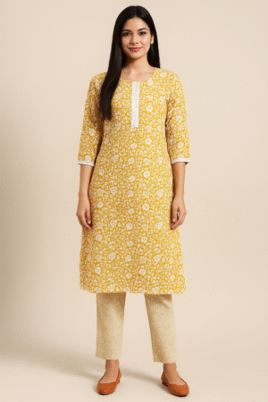 Yellow Floral Printed Cotton Kurti with Beige Pants