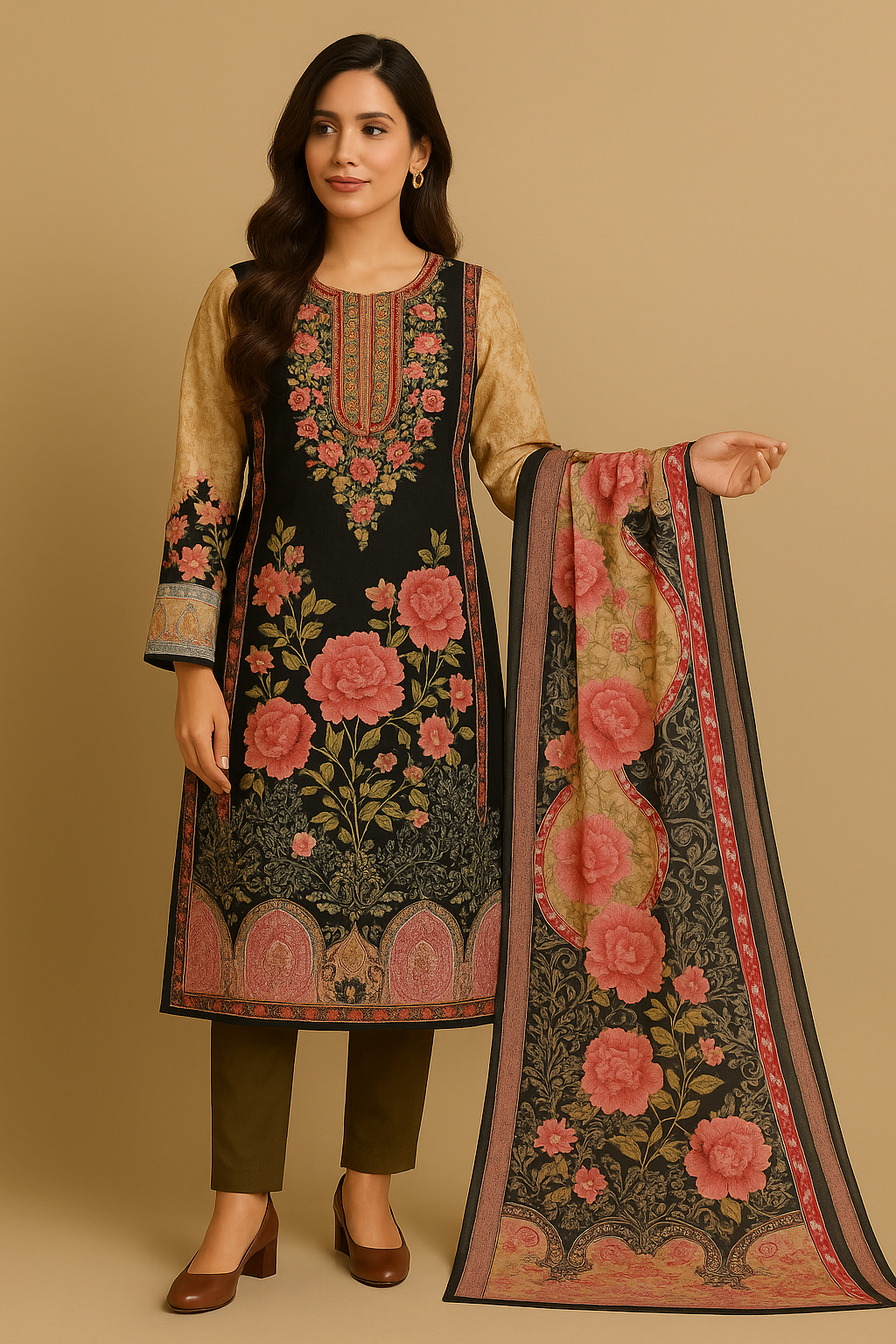 Royal Rose Garden Kurti Set with Dupatta – Black Floral Printed Ethnic Wear