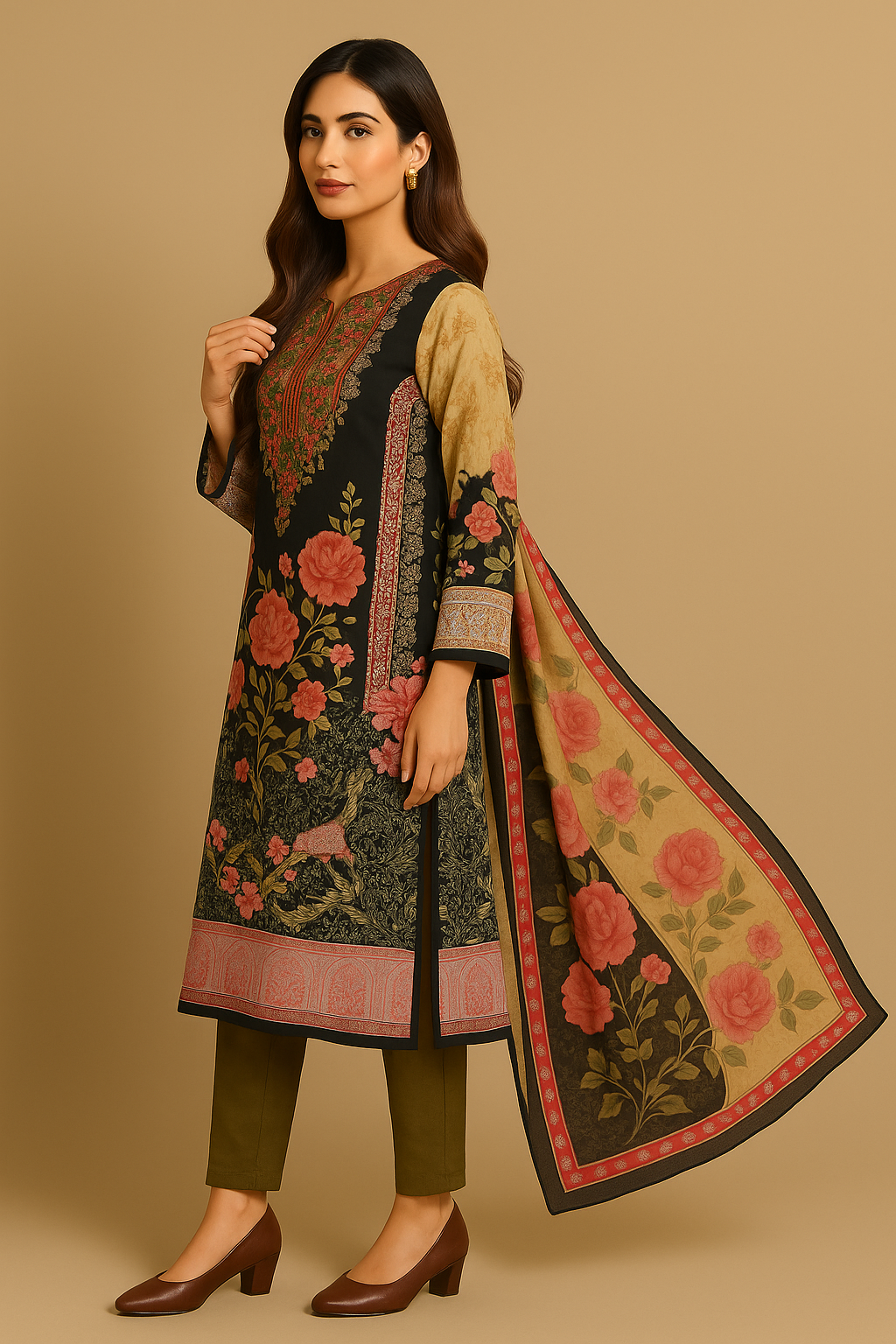 Royal Rose Garden Kurti Set with Dupatta – Black Floral Printed Ethnic Wear - Image 4