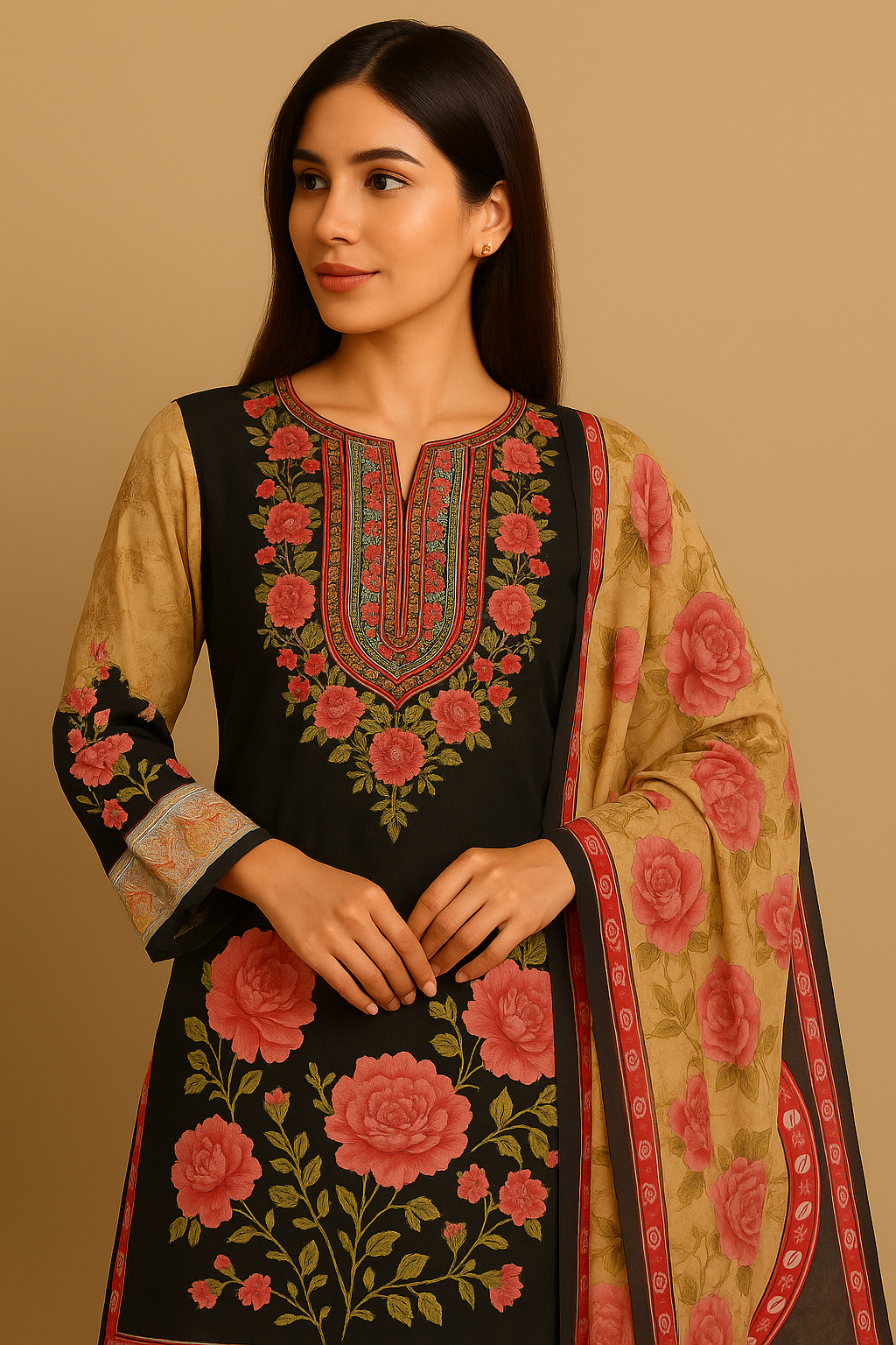 Royal Rose Garden Kurti Set with Dupatta – Black Floral Printed Ethnic Wear - Image 3