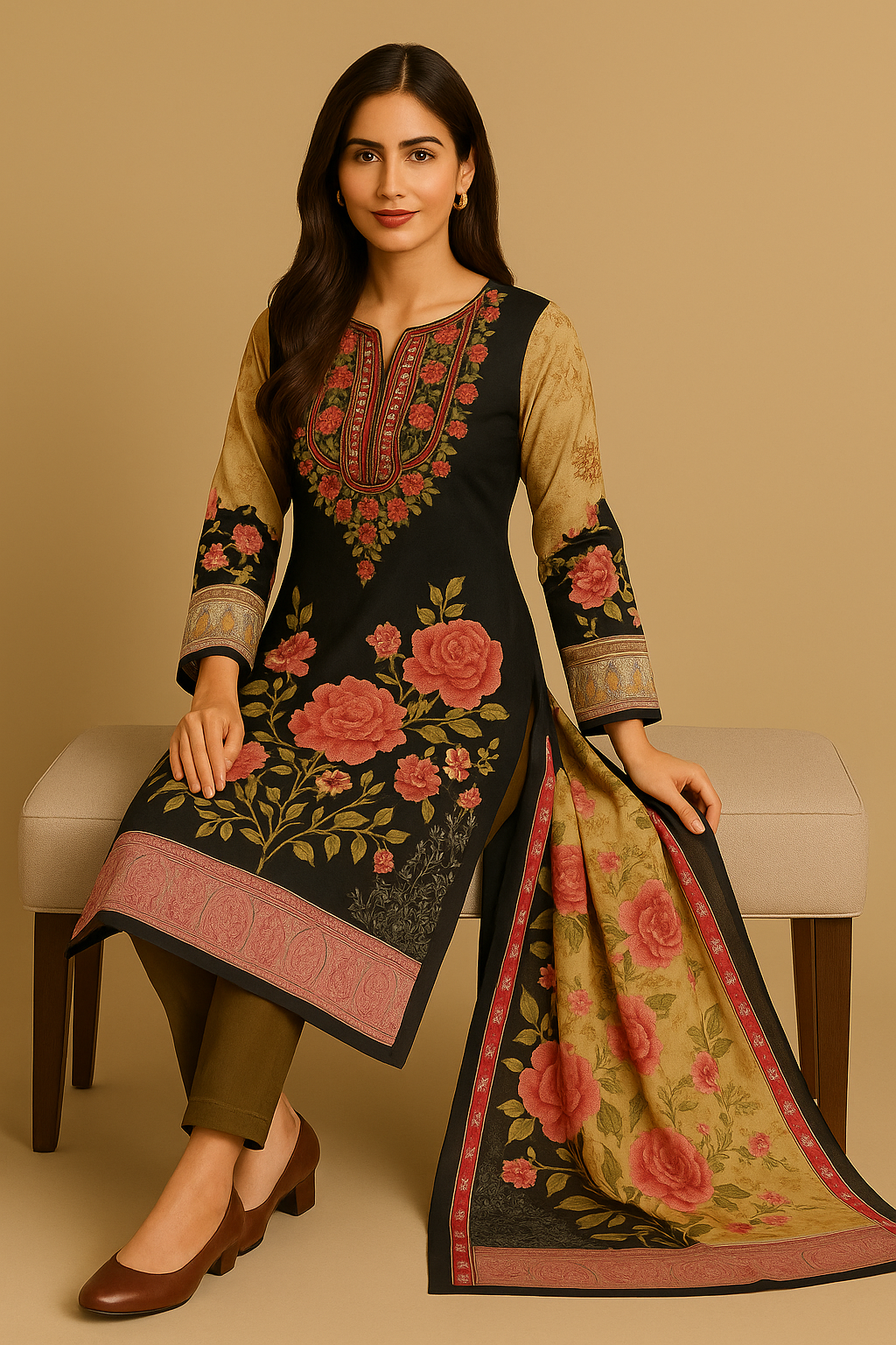 Royal Rose Garden Kurti Set with Dupatta – Black Floral Printed Ethnic Wear - Image 2