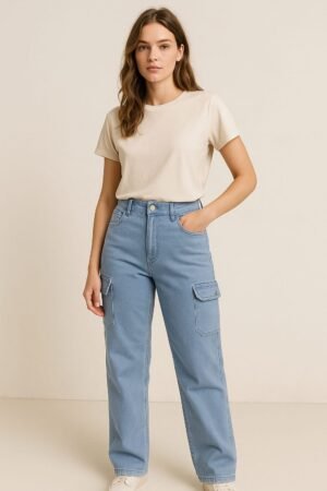 Light Blue High-Waist Cargo Wide Leg Jeans for Women