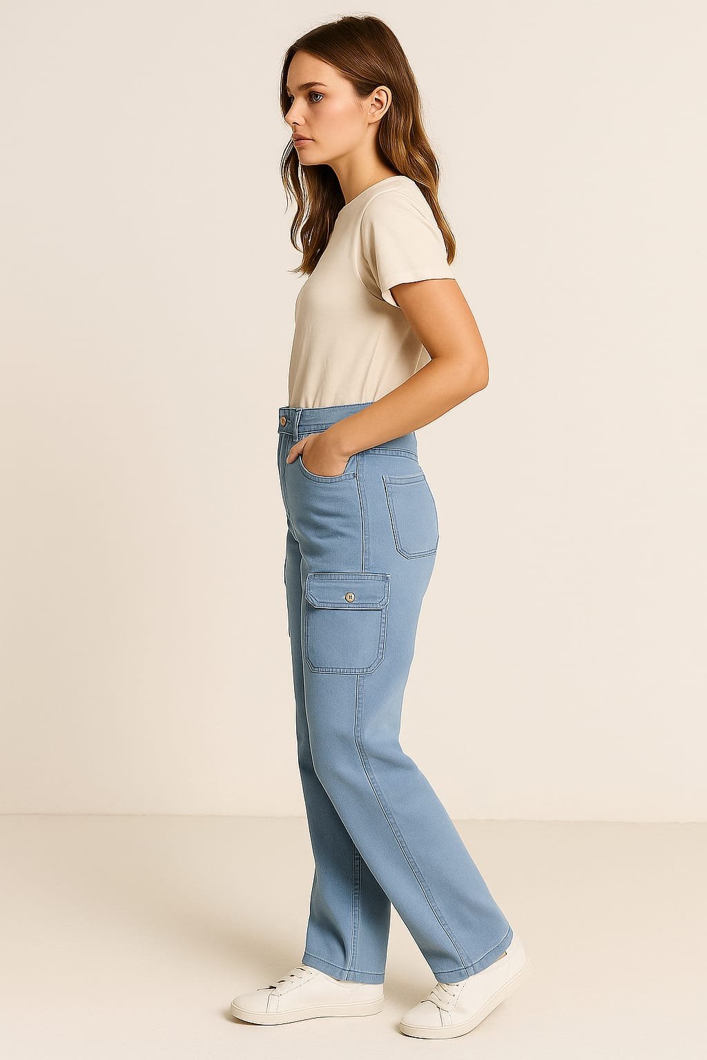 Light Blue High-Waist Cargo Wide Leg Jeans for Women - Image 2